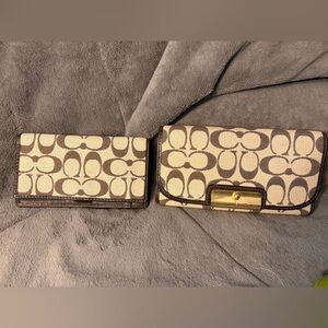 Coach Brown and Cream Signature Canvas Wallets with Gold Hardware